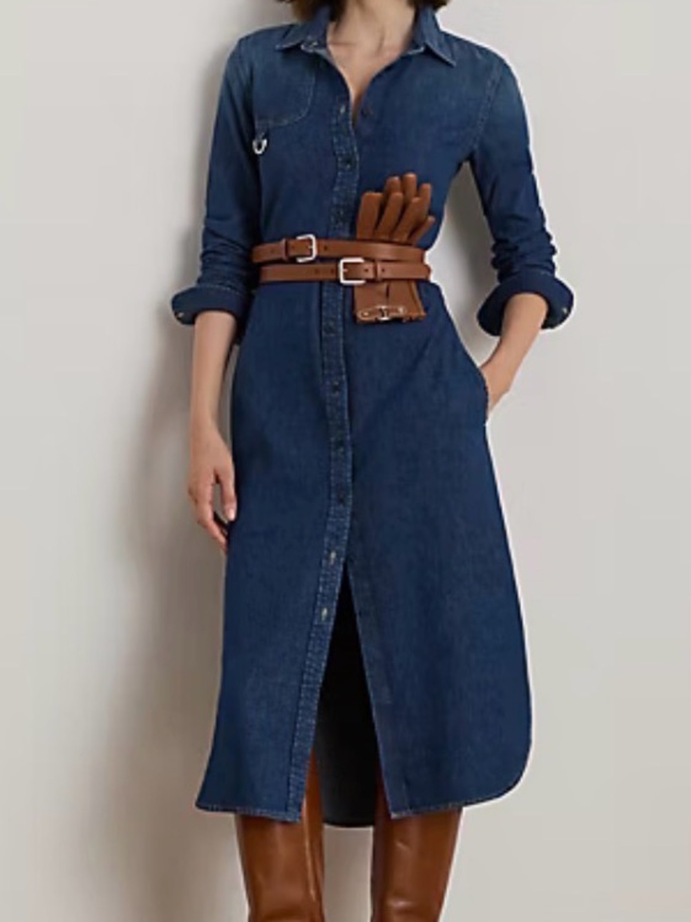 Lauren Ralph Lauren Horsebit Trim Denim Long-Sleeve Shirt Dress Equestrian Sz 16